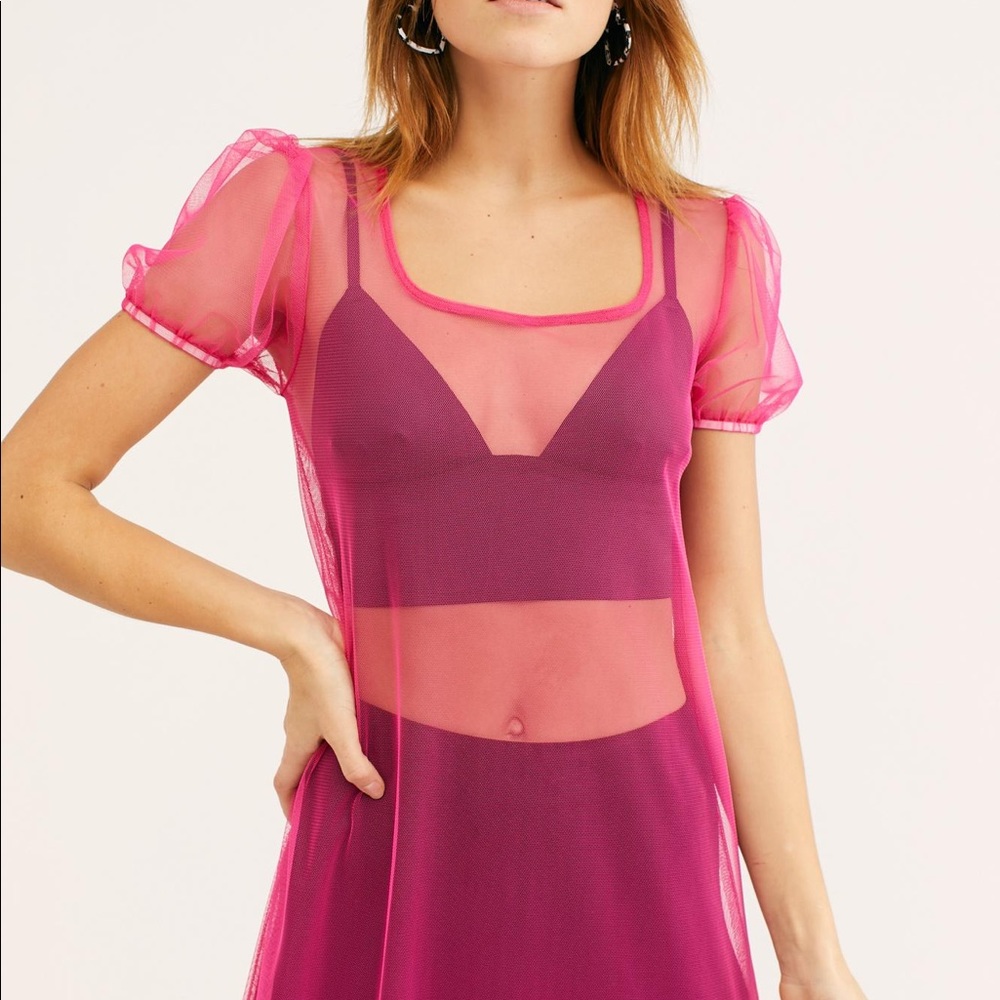 Free People Sheer Midi Slip Dress Fuchsia Medium